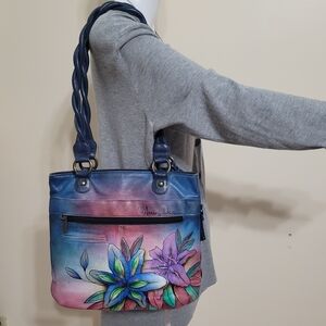 Anuschka Hand-Painted Blue-Pink Floral Shoulder Bag
